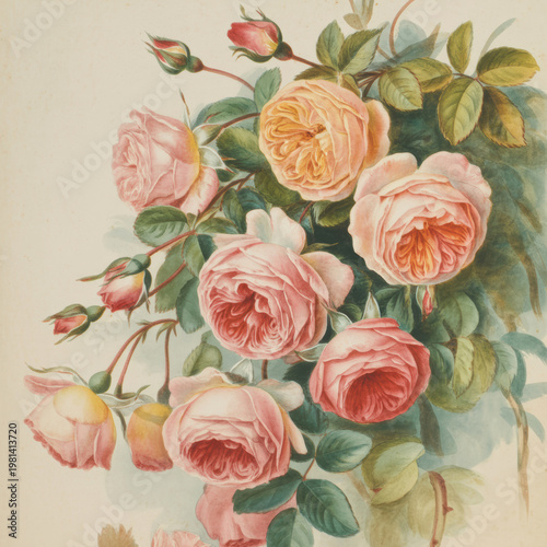 Vintage watercolor painting of soft pink and peach roses with lush green leaves on a neutral beige background