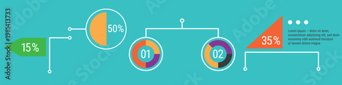 Colorful infographic with percentages and circular charts. Vector on cyan background