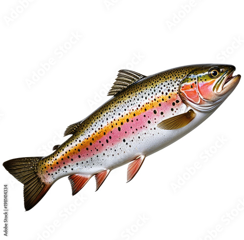 Realistic illustration of a vibrant rainbow trout against a black backdrop