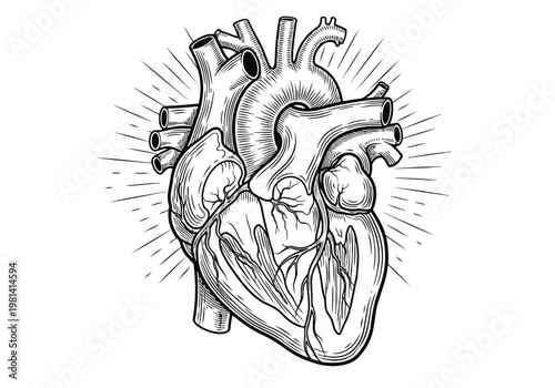 Anatomical illustration of the human heart with radiating energy lines