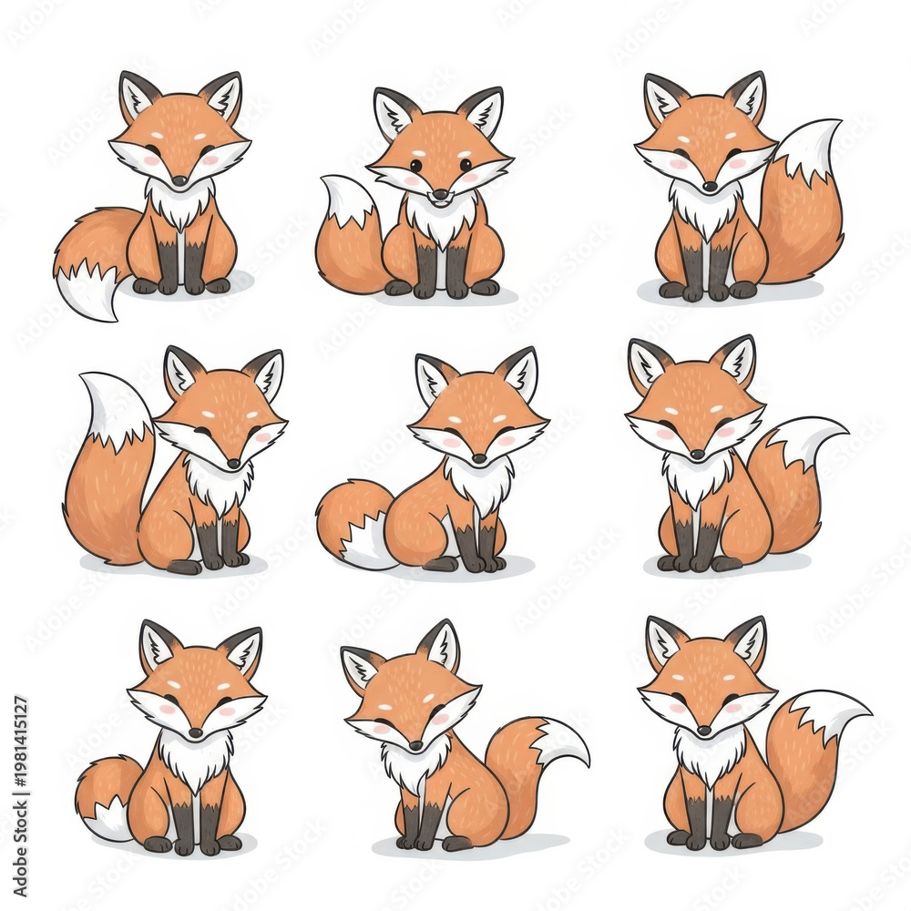 Obraz premium Cute cartoon foxes in various poses and expressions