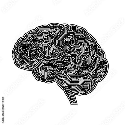 Black and white illustration of a brain with the internal structure of a circuit board