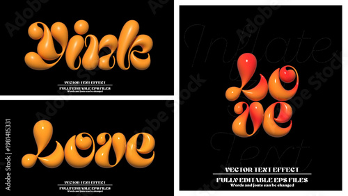 Bundle of 3D inflated love text effects, glossy orange bubble style editable vector text effect collection
