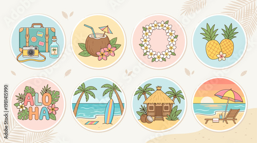 Hawaiian Tropical Icons Set – Flat Design Summer Beach Vacation Illustration Collection