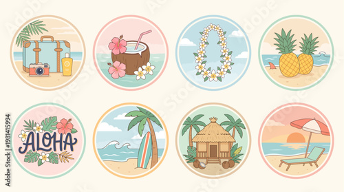 Hawaiian Tropical Icons Set – Flat Design Summer Beach Vacation Illustration Collection