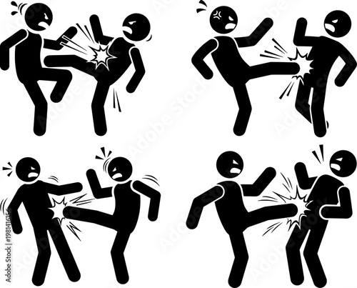 Violence and Fighting Stick Figure Icons Set, Kicking and Aggressive Action Pictograms