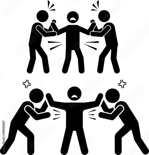 Violence and Bullying Stick Figure Icons, Physical Attack and Aggressive Behavior Illustration Set