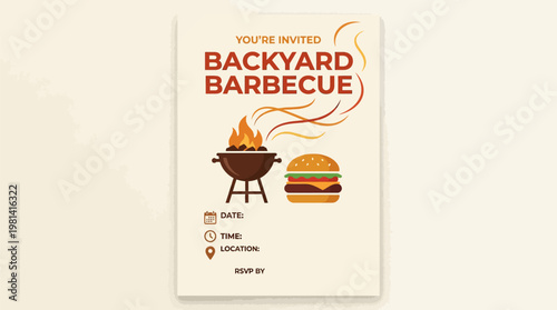 Backyard Barbecue Invitation Template with Grill and Burger Illustration for Summer Party Events and Family Gatherings