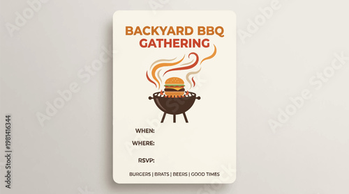 Backyard BBQ Gathering Invitation Card Template with Grill and Burger Illustration for Summer Party Event