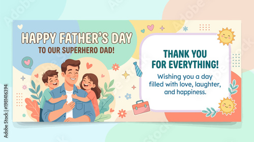 Colorful Happy Father's Day Banner Illustration Featuring a Superhero Dad with His Son and Daughter
