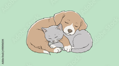 Dog and Cat Sleeping Together.
