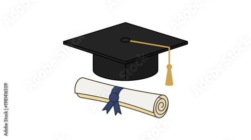 Black graduation cap with gold tassel and rolled diploma with blue ribbon isolated on white background