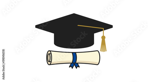 Black graduation cap with gold tassel and rolled diploma with blue ribbon isolated on white background for education concept