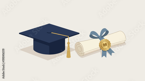Dark blue graduation cap with gold tassel and rolled diploma scroll with blue ribbon and gold seal for class of 2024