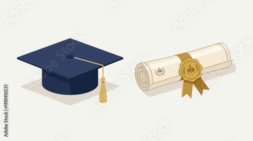 Isometric illustration of a blue graduation cap with gold tassel and a rolled diploma scroll with gold seal on white background