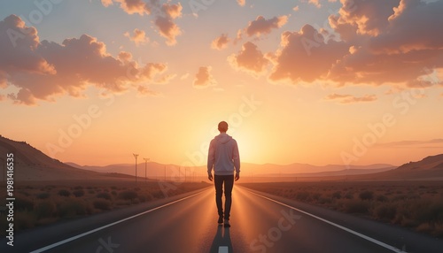Man standing alone on a desert road.
