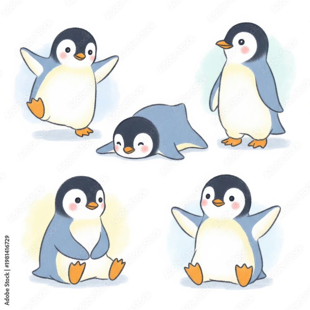 Obraz premium Cute cartoon penguins in various playful poses and expressions