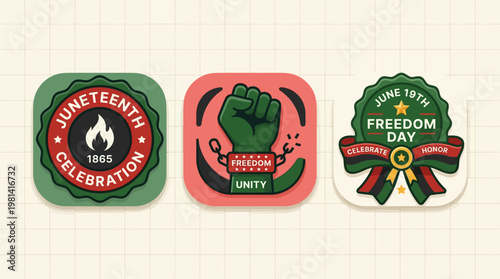 Set of Juneteenth celebration icons and badges for freedom day commemorating African American history and emancipation with unity symbols
