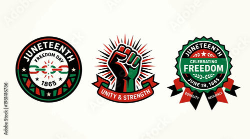 Set of Juneteenth Freedom Day badges and icons celebrating African American history and emancipation with Pan-African colors.