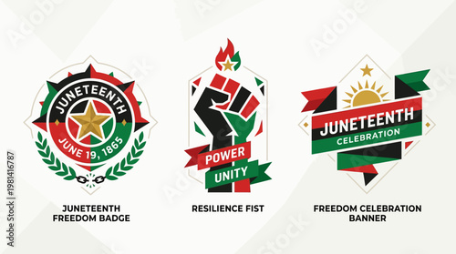 Set of Juneteenth celebration symbols featuring freedom badge resilience fist and banner in Pan-African colors for emancipation day