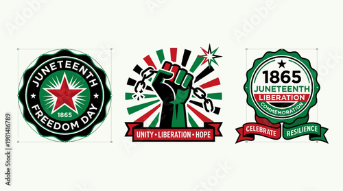 Set of Juneteenth Freedom Day celebration icons featuring a raised fist breaking chains and 1865 liberation commemoration badges in Pan-African colors.