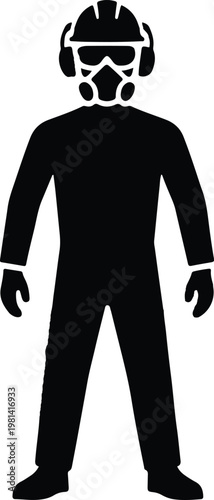 Worker wearing personal protective equipment for hazardous environments, including hard hat, gas mask, and ear defenders, ensuring safety in industrial settings