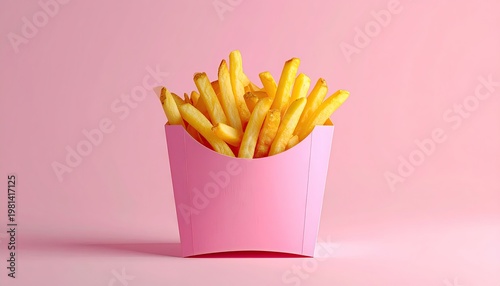 Golden french fries in a pink box sit against a smooth pink backdrop