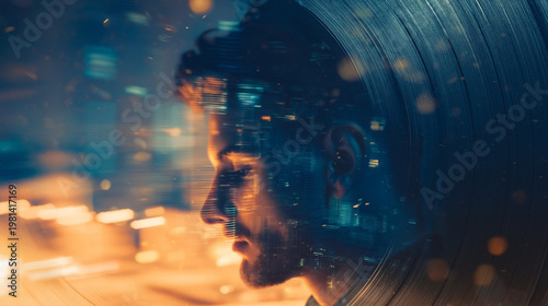 Contemplative Silhouette: A solitary individual is captured in silhouette, their profile framed by a dynamic cityscape and illuminated by a fusion of lights, reflecting deep thought and introspection.