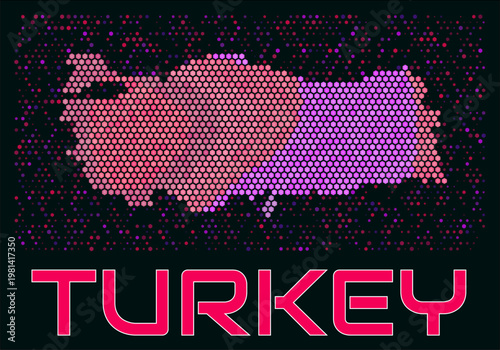 Turkey digital style hexagon map. Vibrant magenta purple pink neon dotted shape. Country tiny bright hexagon cells. Turkey honeycomb map design. Vibrant Vector Illustration.