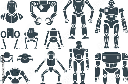 Industrial robotics icons showing humanoid and mechanical silhouettes.