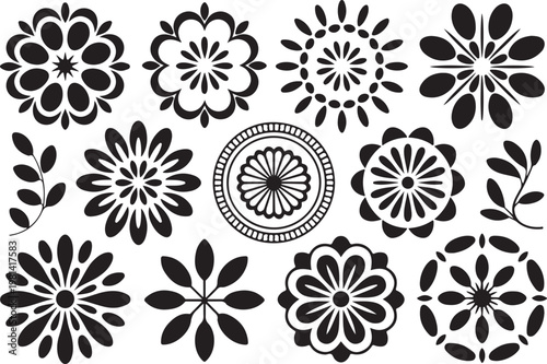 Symmetric floral ornaments set with circular mandala flower patterns.