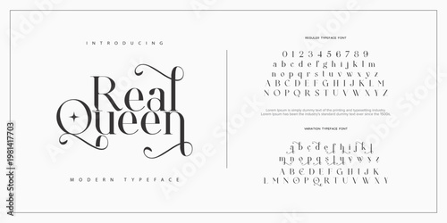 Real Queen Beauty Luxury font alphabet logo. Typography beautiful fashion elegant classic letters serif italic fonts decorative wedding vintage blossom logos. vector illustration