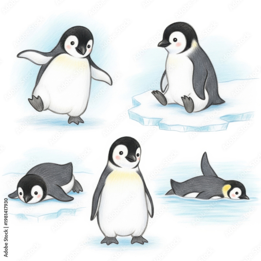 Obraz premium Cute penguins in various poses on ice and in water
