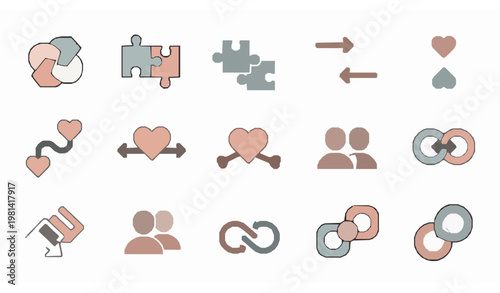 Compatibility and Harmony Icon Set with Abstract Relationship Symbols in Flat Vector Style Isolated on White Background