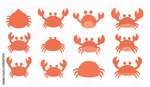 Cute Crab Character Icon Vector Set in Flat Cartoon Style for Ocean and Beach Theme Design