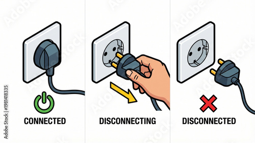 Vector concept of power connection steps: Connected, Disconnecting, and Disconnected with hand pulling the plug.