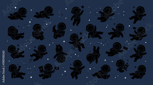 Cute Astronaut Cartoons and Silhouettes in Dark Deep Space