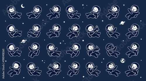 Minimalist White Outline Baby Astronaut Character Illustrations in Space