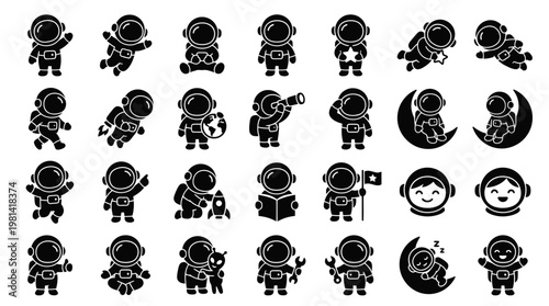 Astronaut Suit Character Poses and Galactic Exploration Icon Set