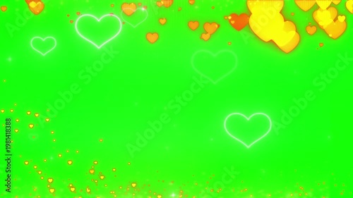 Animated green background with floating yellow and orange hearts and sparkles
