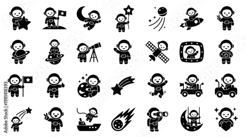 Astronaut Adventure Icons with Space Vehicles and Cosmic Elements