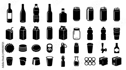 Various Beverage Packaging Bottles Cans and Containers Icon Set