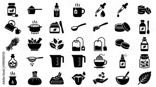 Natural Remedies Herbal Medicine and Homeopathic Treatment Icon Set