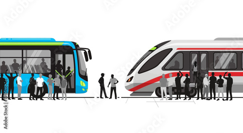 People waiting at bus and train station.