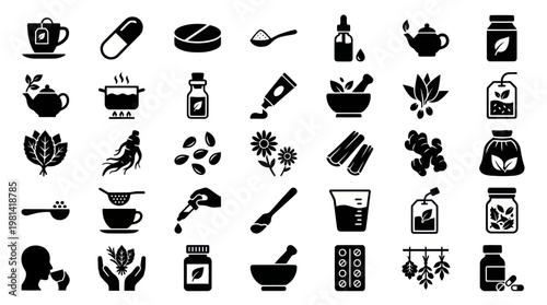 Traditional herbal apothecary ingredients and pharmaceutical natural remedy icon set