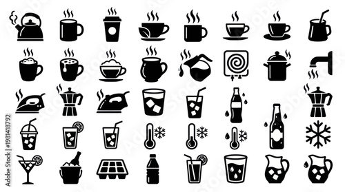 Collection of kitchen drinkware and temperature related beverage icon set