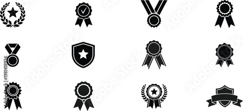 Award icons, badges, and ribbons, black vector set, 12 elements, symbols for achievement and recognition