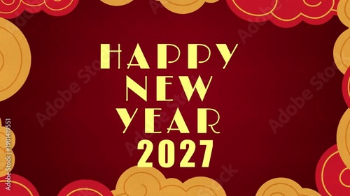 Happy new year 2027 celebration with traditional chinese gate and red background decorations