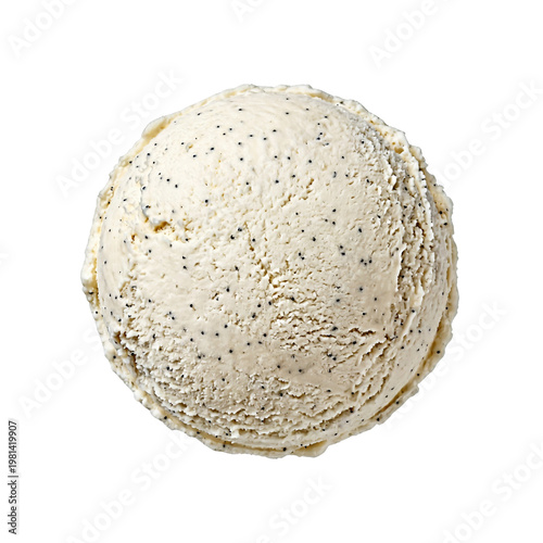 Single Round Vanilla Bean Ice Cream Scoop Isolated on Pure White Background PNG Cutout