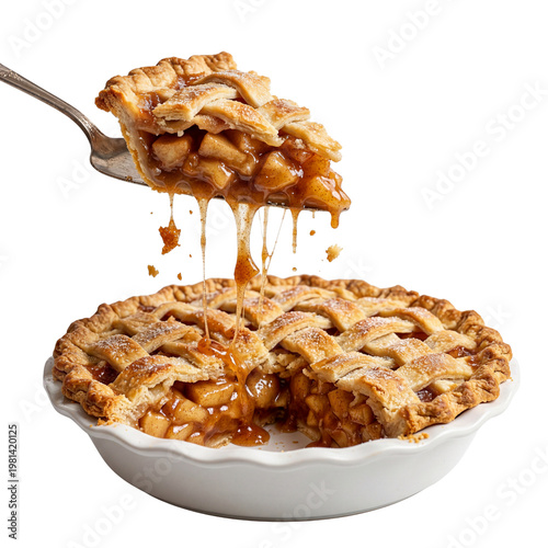Sliced Apple Pie with Lattice Crust on White Background, Gooey Filling and Lifting Piece, Isolated PNG Cutout